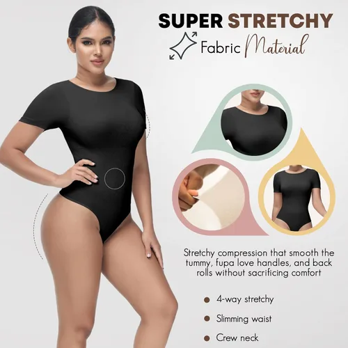 Vista 4 de Shapewear Bodysuit for Women Tummy Control Tops Crew Neck Short Sleeve Bodysuit Thong Sculpting with Removable Padding
