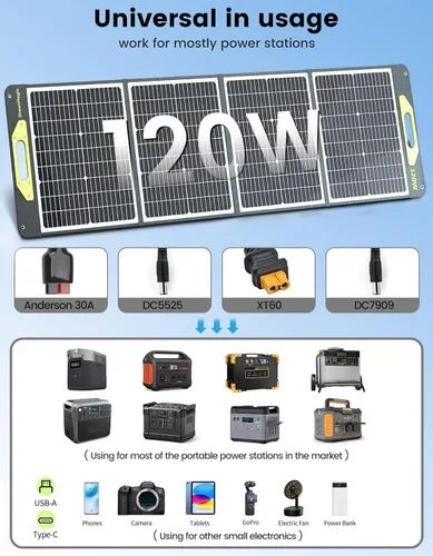 Vista 3 de Greenmagic Panel Solar Portátil de 120W 19V, Kit de Paneles Solares Plegables de 120W con Soportes Ajustables, Impermeable IP65 para Camping