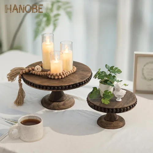 Vista 7 de Hanobe Soporte para Tartas de Madera Pequeño: Soporte de Pedestal para Cupcakes de 8 Pulgadas, Elevador de Exhibición de Postres Rústico Envejecido
