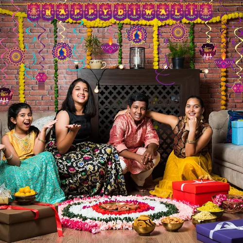 Vista 5 de Diwali Decoraciones – Cartel de Happy Diwali para el hogar, Festival de luces, artículos de decoración de fiesta, Deepavali colgante de remolinos