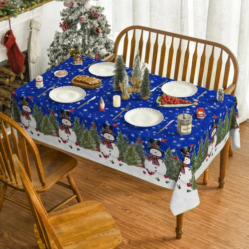 Vista 2 de Horaldaily - Mantel de Navidad rectangular de 52x70 pulgadas, diseño de muñeco de nieve y árboles azules, mantel lavable de temporada