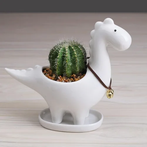 Vista 9 de Cabilock Maceta de cerámica de dinosaurio con bandeja de drenaje, adorable maceta para suculentas para decoración de escritorio de jardín