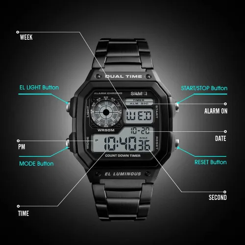 Vista 6 de Reginald Relojes para hombre Moda Trend Gold Multifunción Impermeable Reloj LED Digital Cronógrafo Acero Inoxidable Cuadrado Relojes
