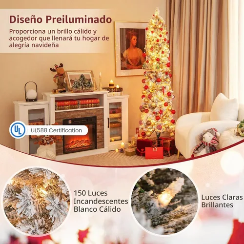 Vista 2 de Goplus Árbol de Navidad artificial de 6 pies preiluminado con flecos de nieve en forma de lápiz, árbol de Navidad delgado artificial con 150 luces