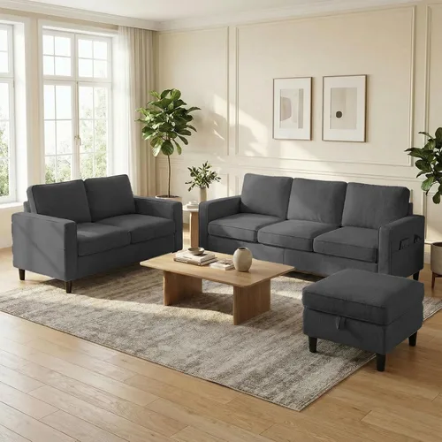 Vista 9 de BALUS Juego de sofás de sala de estar de 78 pulgadas, sofá de 3 plazas con bolsillo lateral y juego de muebles otomanos de almacenamiento, sofá