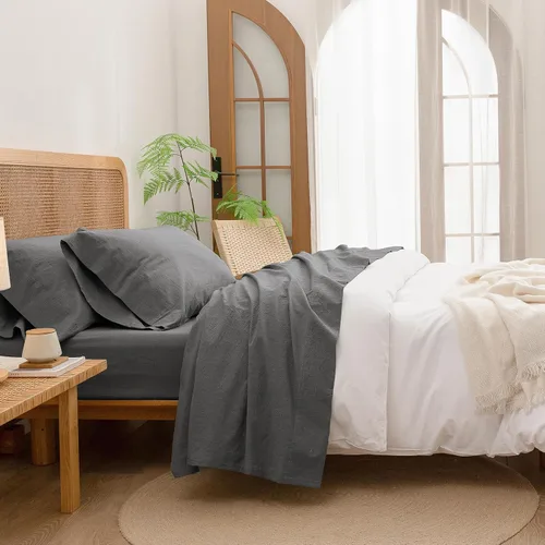 Vista 12 de BESTOUCH Juego de sábanas 100% algodón lavado, tacto de lino, súper suave, cómodo, elegante, ligero, juego de ropa de cama de 3 piezas, color gris