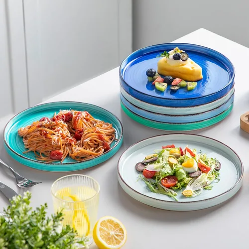 Vista 7 de vancasso Bonita platos de ensalada de 8.5 pulgadas, juego de pequeños platos de cena de cerámica, juego de 6 platos de postre, aptos para Azul