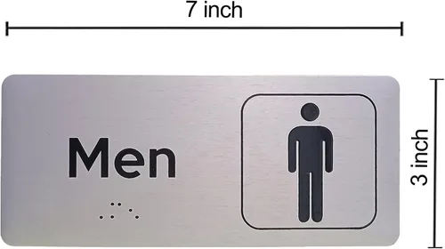 Vista 2 de Letreros de baño para hombres y mujeres con braille (juego de 2), 7 pulgadas de ancho x 3 pulgadas de alto, letreros de baño con cinta de espuma