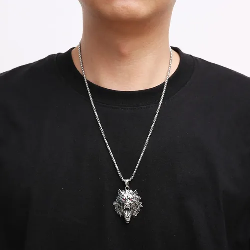 Vista 5 de HZMAN Norse Viking Wolf Necklace for Men Boys Stainless Steel Gothic Punk Fenrir Wolf Head Animal Pendant Jewelry Gift