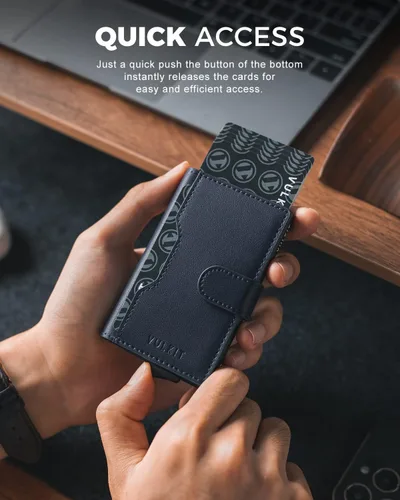 Vista 2 de VULKIT Cartera desplegable con ranuras de cuero, bloqueo RFID, funda de metal delgada para tarjetas