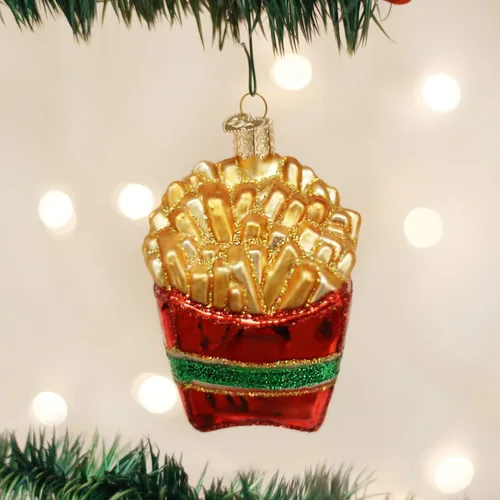 Vista 2 de Old World Christmas Ornamentos: Ballpark Foods Adornos de vidrio soplado para árbol de Navidad, papas fritas