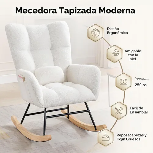 Vista 5 de Silla mecedora tapizada para guardería, mecedora tapizada con asiento acolchado con respaldo alto, silla auxiliar cómoda Beige