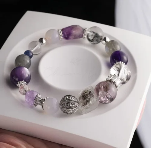 Vista 80 de Precious Gemstone Natural Crystal Healing Bracelet, Rutilated Quartz, Moonstone, Quartz Handmade Original Design Bracelet