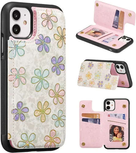Vista 55 de UEEBAI Funda tipo cartera para iPhone 13 con tarjeteros, piel sintética, diseño floral, función atril, bloqueo RFID, doble cierre magnético, funda