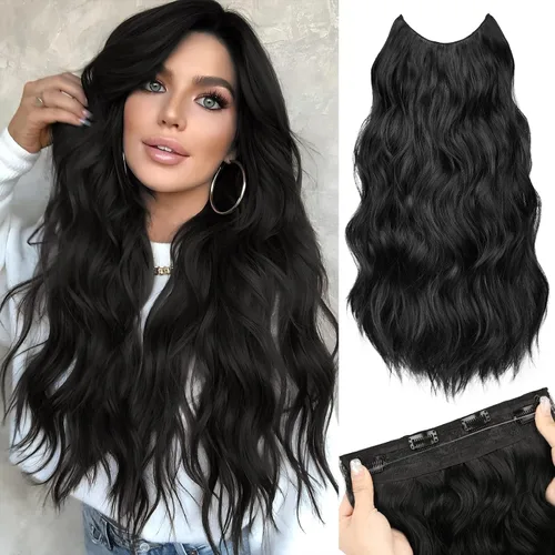 Vista 19 de Extensiones de Cabello con Alambre Invisible - Extensiones de Cabello Halo de 14 Pulgadas Largas Onduladas Postizo Sintético con Alambre
