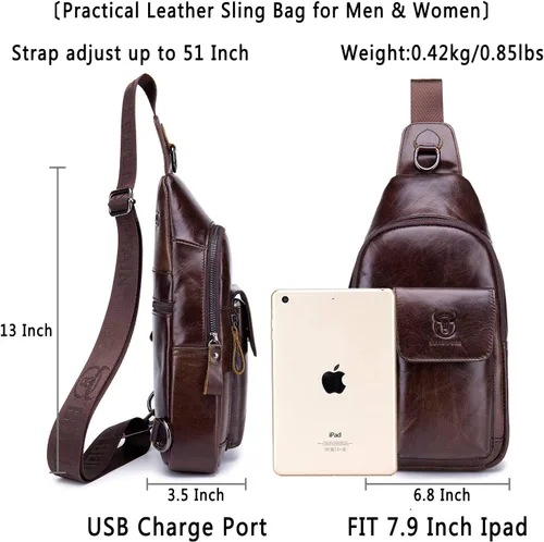 Vista 2 de Bolso cruzado de cuero para hombre bolso de hombro casual bolsas de pecho para viajes senderismo mochilas Café Mochilas Sling