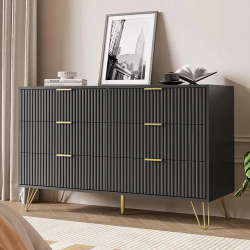 Vista 8 de MAISONARIA Cómoda negra de 3 cajones para dormitorio, cómoda moderna de armario, cómoda acanalada con asas de metal dorado, mesita de noche