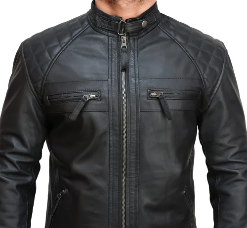 Vista 3 de Men's Café Racer Retro Diamond Quilted Exotic Vintage Motorcycle Biker Style Lambskin Leather Jacket