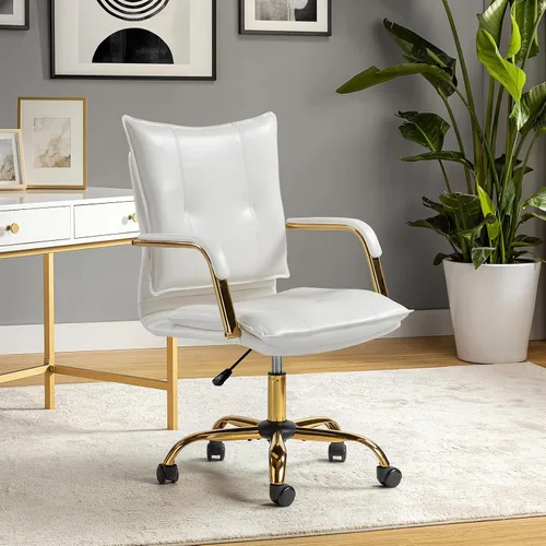 Vista 15 de HULALA HOME Silla de escritorio de piel sintética para oficina en casa, silla giratoria ajustable para computadora con patas y brazos dorados, silla