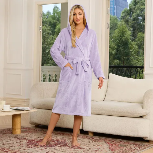 Vista 42 de HEARTNICE Bata de forro polar con capucha para mujer, bata de baño suave para mujer, bonito abrigo largo para casa