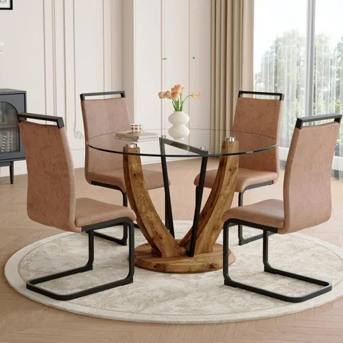 Vista 10 de Juego de mesa redonda de cristal de 5 piezas para 4, mesa de comedor moderna de 48 pulgadas con base de grano de madera, sillas tapizadas de gamuza