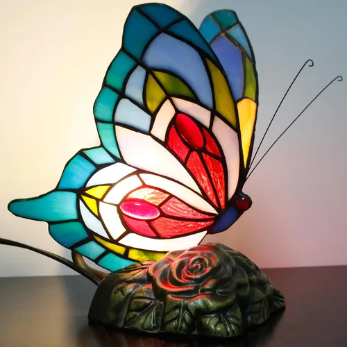 Vista 6 de Pequeña lámpara de mesa Tiffany de vidrio manchado Lámpara de escritorio de mariposa de 7X5X9.8 pulgadas Luz de acento antigua