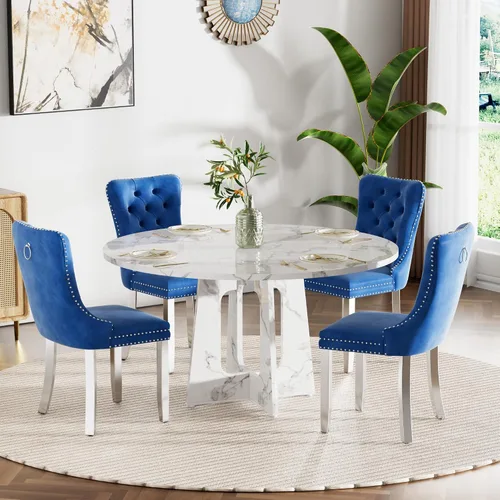 Vista 22 de Mesa de comedor redonda estilo granja para 6, mesa de cocina circular de 47" MDF con acabado de grano de madera, mesa de cocina y comedor de madera