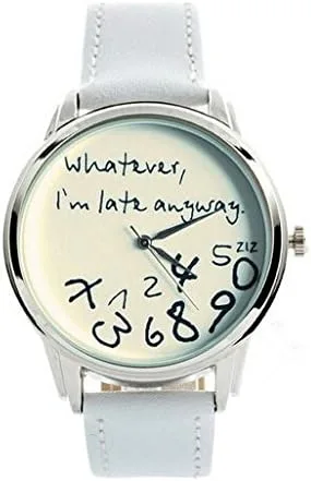 Vista 4 de Whatever, I'm late anyway" Print Leather Women Men Silver Quartz Watch Black wWhite, Reloj de cuarzo