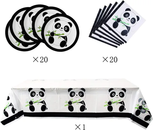 Vista 5 de Suministros para fiestas de pandas, 20 platos, 20 servilletas y 1 mantel