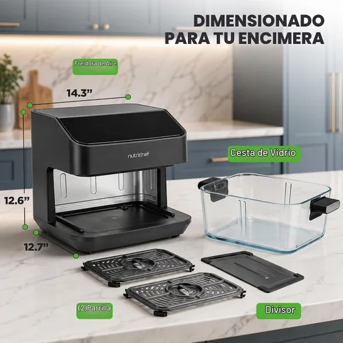 Vista 8 de NutriChef Freidora de aire de doble cesta de vidrio de tamaño familiar de 8.5 cuartos de galón Modos de cocción dual preestablecidos 8 en 1 Negro