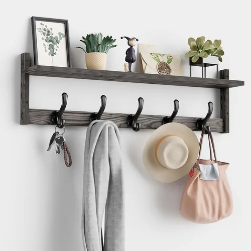 Vista 11 de Tatub Perchero de pared de 29 pulgadas con estante, ganchos de pared de madera con almacenamiento, estante de entrada con 5 perchas para baño, sala