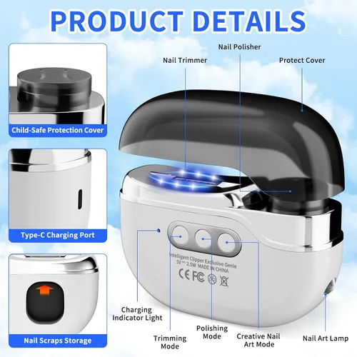 Vista 7 de Cortaúñas eléctrico 3 en 1, 2026 mejorado sin dolor automático para uñas gruesas de las manos y los pies, 3 velocidades con LED, pulido