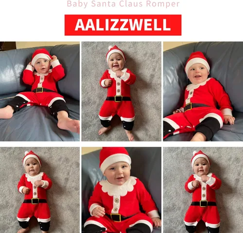 Vista 2 de Aalizzwell Conjunto de ropa de Navidad para bebés, niños y niñas, mameluco de Papá Noel de forro polar