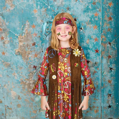 Vista 6 de Erweicet 19PCS 60s 70s Outfits Hippie Costume Set Hippie Dress for Girls Hippie Dress with Vest Sign Headband Pins Tattoos