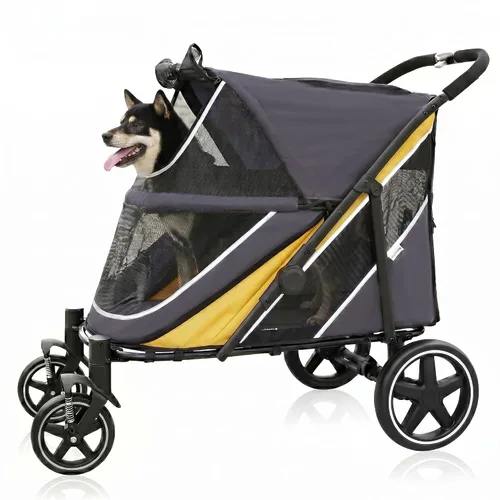 Vista 10 de Cochecito para perros medianos y grandes, plegable con un solo clic, cochecito para mascotas extra grande para 2 perros con bolsillo