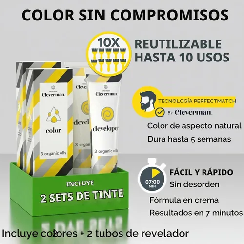 Vista 3 de Cleverman Tinte para cabello y barba para hombres negros, cobertura de canas, paquete 2X