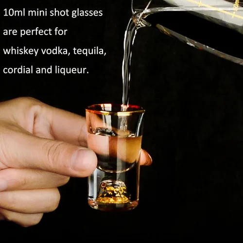 Vista 4 de Juego de 6 vasos de chupito de 0.3 fl oz (0.33 onzas) Shot Cups Decorated with 24K Gold Flakes for Whiskey, Tequila, Vodka, Mini Shot Glass