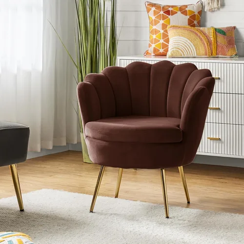 Vista 48 de HULALA HOME Silla decorativa moderna de terciopelo con respaldo en forma de concha, bonito sillón para sala de estar, dormitorio con patas doradas