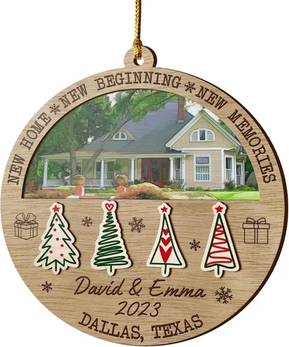 Vista 17 de V VIBEPY Adornos personalizados para casa nueva, adornos de Navidad para el hogar, adornos de madera de Navidad, 3.5 pulgadas, adornos de 3 capas