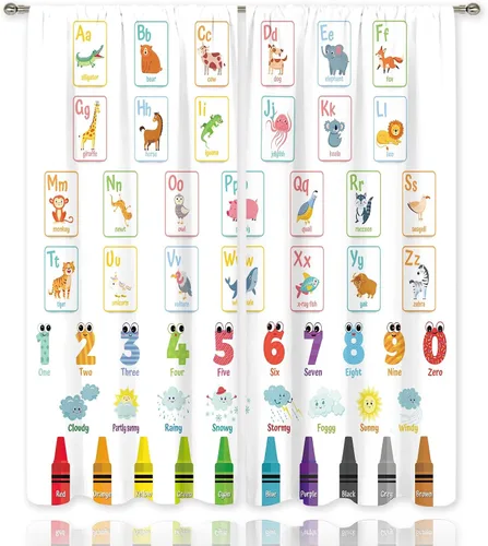 Vista 2 de MESHELLY Cortinas del alfabeto ABC para niños, 42 pulgadas de ancho x 63 pulgadas de alto, bolsillo para barra, colorido, caricatura, aprendizaje
