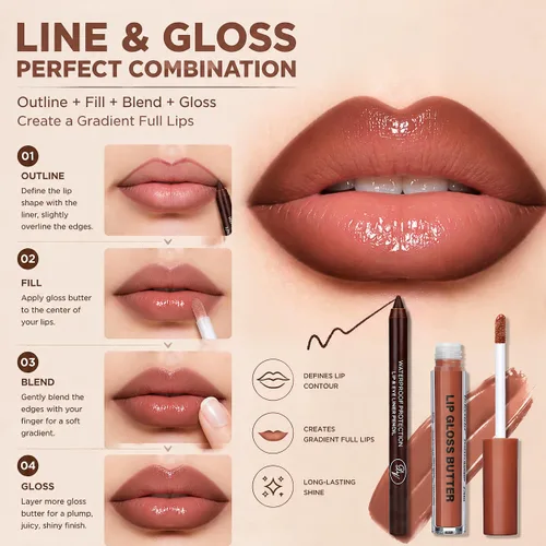 Vista 57 de BAISEN DIARY 2 en 1 doble punta mate delineador de labios y brillo de labios, lápiz combinado de labios marrón nude degradado, delineador de labios