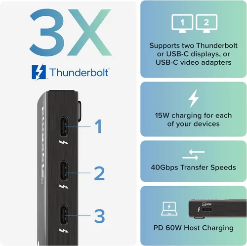 Vista 2 de Plugable Concentrador Thunderbolt 4 Carga de laptop de 60W 3 puertos Thunderbolt 4 Pantallas dobles 4K/pantalla única 8K Compatibilidad