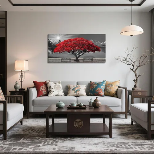 Vista 3 de Mofutinpo Arte de Pared de Árbol Rojo en Blanco y Negro Impresión en Lienzo Cuadro Paisaje de Árbol Rojo Grande Obra de Arte Moderna para Sala
