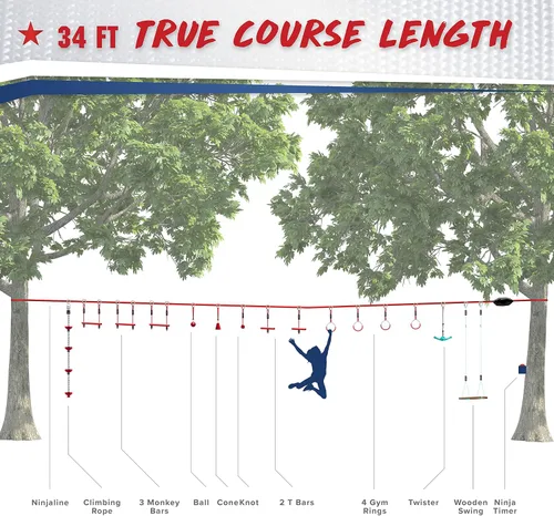 Vista 6 de Kit de ninjalina extrema de 40 pies con línea de extensión de 15 pies, incluye 15 accesorios de carrera de obstáculos, construye tu propio campo