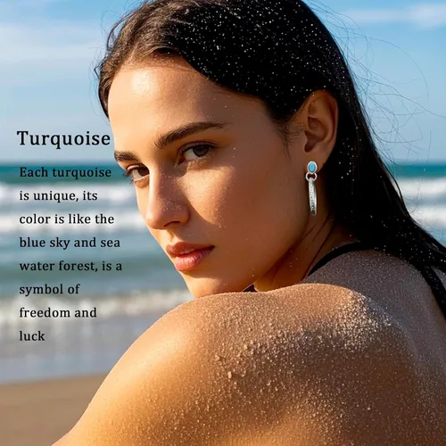 Vista 6 de Aretes de tuerca con piedra natal de turquesa natural con círculo, estilo bohemio para joyería occidental vintage