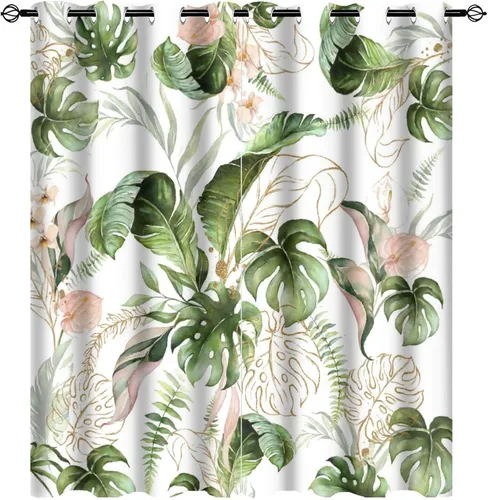 Vista 28 de Cortinas abstractas de hojas tropicales, acuarela tropical, hojas de palma, verano hawaiano, plátano, aislamiento térmico, cortinas completas