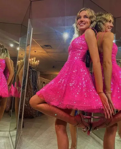 Vista 5 de Vestidos de fiesta de lentejuelas con tirantes delgados, brillantes, talla grande, vestidos cortos de graduación para mujer 2024