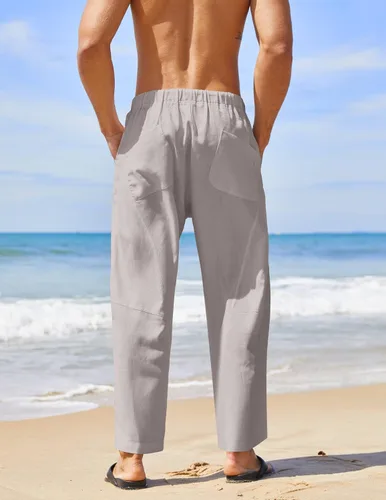 Vista 4 de COOFANDY Pantalones harén de lino con cordón para hombre, cintura elástica, ligeros, pantalones hippie, verano, playa, yoga