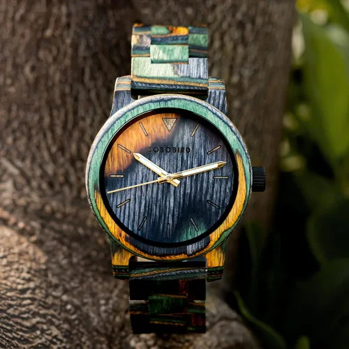 Vista 8 de BOBO BIRD Reloj de madera para hombre, reloj de pulsera analógico de cuarzo de moda, relojes de madera hechos a mano coloridos para hombres