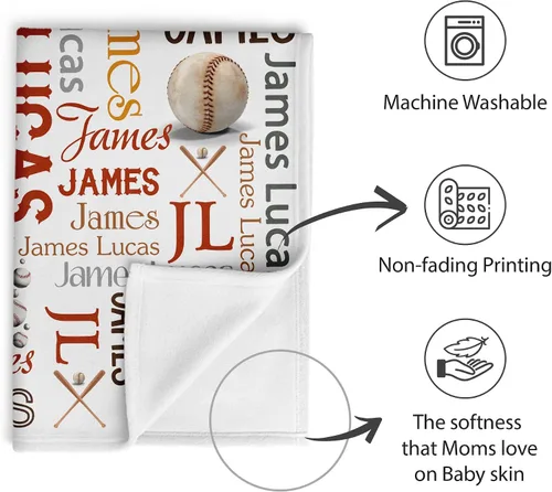 Vista 6 de Manta de bebé personalizada de béisbol para niños, regalos personalizados para bebés con nombre, mantas de vellón con monograma (béisbol 173)